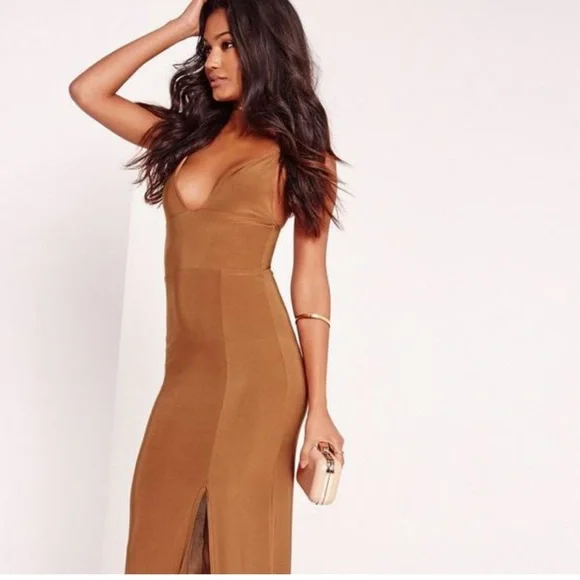 Missguided Brown / bronze spaghetti strap Maxi Dress with Plunge Neckline formal - Picture 2 of 4